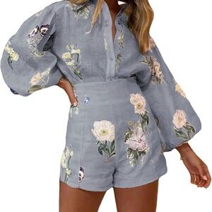 Floral Button Down Shirt in Gray and short set size medium